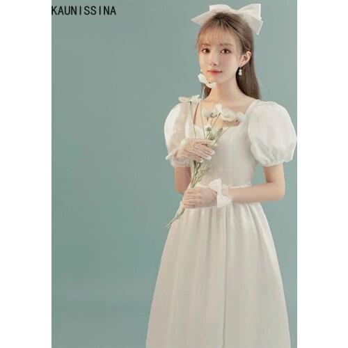 KAUNISSINA Simple Puff Sleeve Wedding Dress for Women White Satin Bride Gown Elegant Vestido De Novia Robe Cheap Mariage Dresses