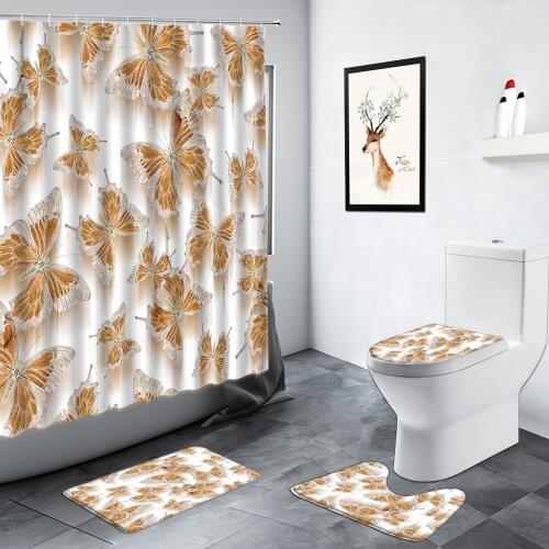 Creative Butterfly Shower Curtains Retro Pattern Anti-slip Mat Toilet Cover Carpet Flannel Bath Mats Rug Home Bathroom Decor Set