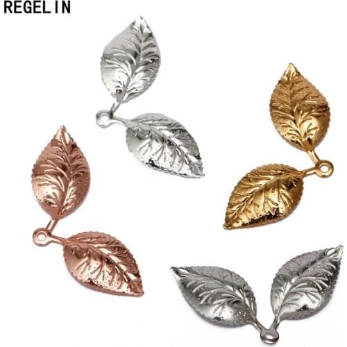 REGELIN Gold/ Silver Color Vintage Double Leaf Pendant Charms European jewelry Findings 50pcs/lot 13x32mm DIY Necklace Bracelet