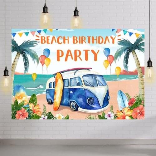 Summer Beach Backdrops Surfboard Bus Toy Decoration Children Birthday Cake Smash Photo Props Studio Booth Background Photoshoot