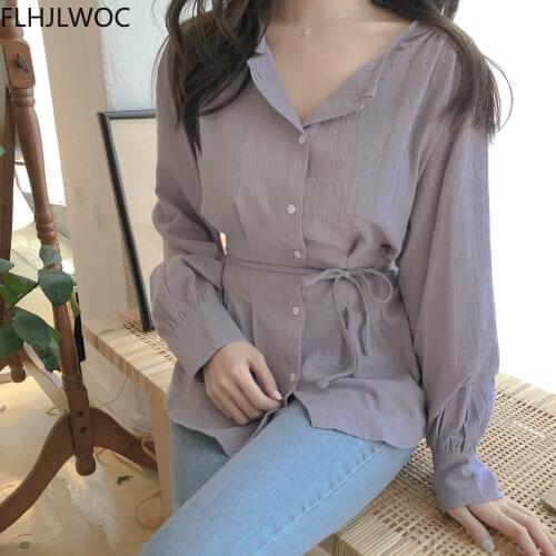 Cute Sweet Tops Women Korean Japan Preppy Style Girls Ladies Design Belt Bow Tie Purple White Button Shirt blusas femininas
