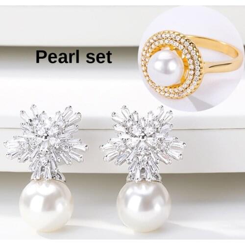 Fashion Snowflake Crystal Pearl Set Earrings Rings For Womens Stainless Steel Rhinestone Wedding Fashion Jewelry Friend Gift
