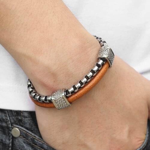 Double Layers Genuine Leather Bracelets for Mens Boys Stainless Steel Toggle Clasp Male Jewelry Gift TBX00401A