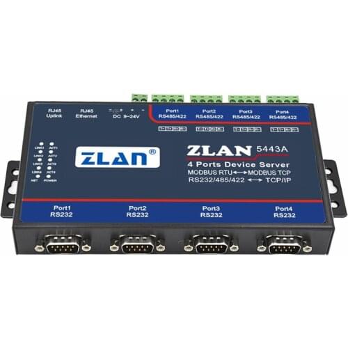 Industrial ZLAN5443A 4 port RS232 RS485 RS422 to Ethernet TCP IP Converter Modbus RTU TCP Gateway Serial device server
