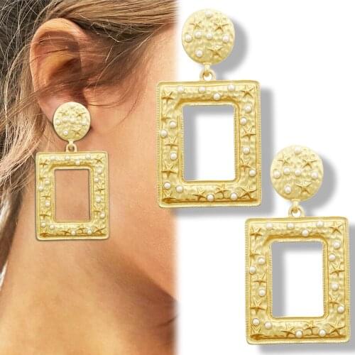 Hammered Square Hoop Geometric Starfish Pearl Ear Studs Earrings Gold Beach Sea Boho Statement Women Gift Punk Rock Celebrity