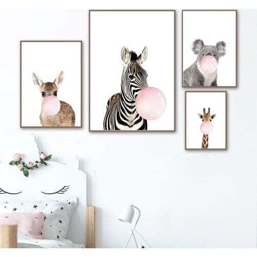 Nordic Cartoon Baby Animals Canvas Paintings Nursery Pink Balloon Art Poster Zebra Giraffe Wall Pictures Baby Kids Room Decor