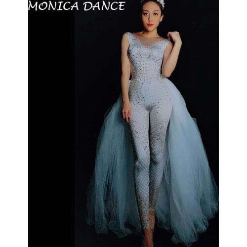 Sexy Silver Rhinestones Sleeveless Jumspuit With Mesh Tail Stylish Birthday Celebration Outfit Female Singer Dancer Sexy Costume