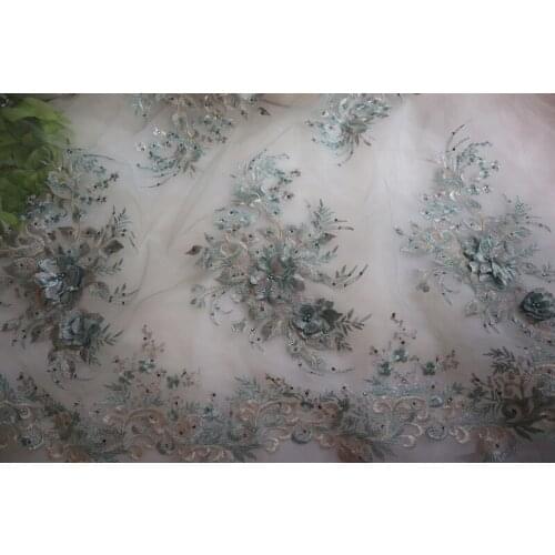 Light blue 3D embroidered lace fabric, 3D flowers embroidered lace fabric by the yard