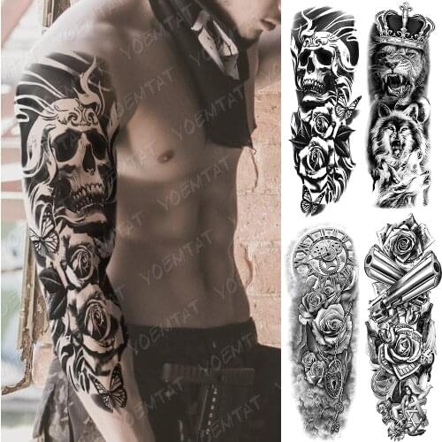 Large Arm Sleeve Tattoo Clocks Rose Gun Lion Waterproof Temporary Tatto Sticker Flower Time Body Art Full Fake Tatoo Women Men
