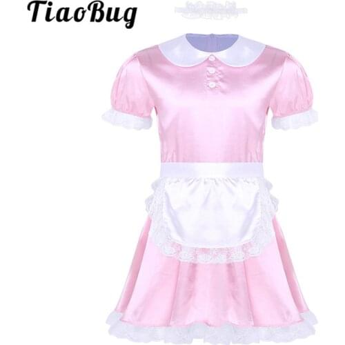TiaoBug Men Crossdressing Hot Sexy Costumes Sissy Lingerie Porno Dress Maid Uniform Babydolls Erotic Satin Dress with Apron Set