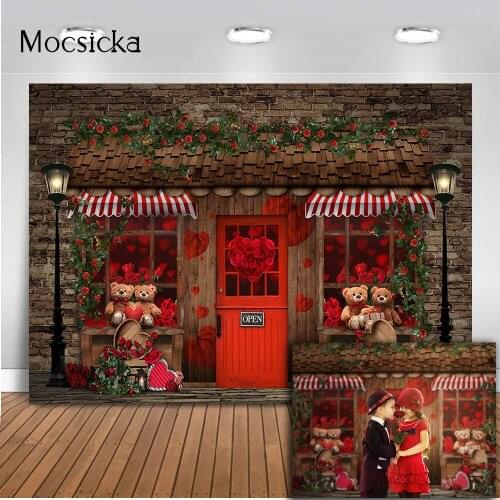 Toy Store Outdoor Street Rose Floral Bear Backdrop for Photography Studio Windows heart Retro Street Photo Shoot Background Prop
