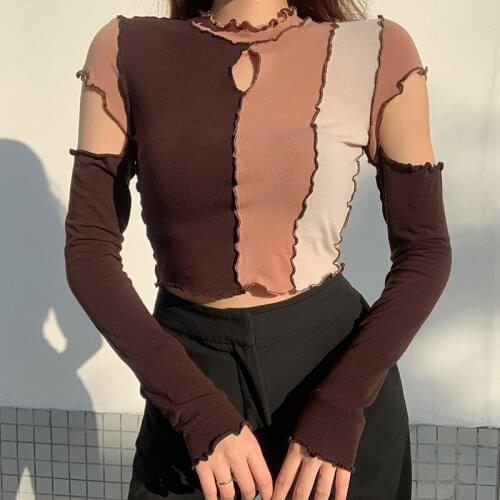 2021 Vintage Frill Hollow Out Cropped Tshirt Women Autumn Fashion Long Sleeve T-shirt Ladies Basic Patchwork Top Tees Streetwear