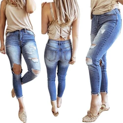 Womens Retro Style Ripped Jeans High Waist Casual Wild Skinny Slim Pants Classic Stretch Hole Distressed Denim Trousers