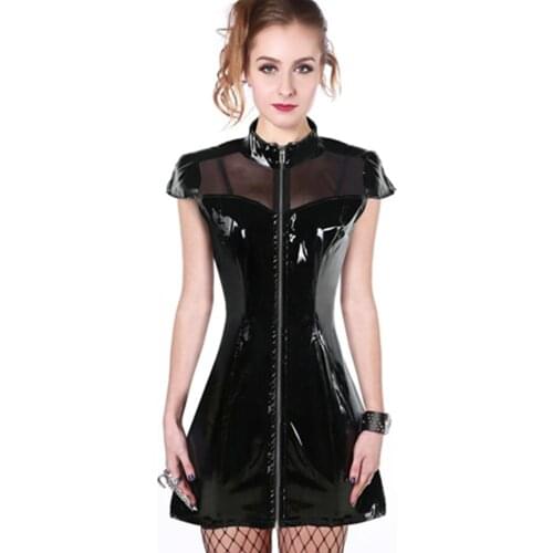 Women Sexy Zipper PVC Leather Splice See Through Mesh Wet Look Mini Catsuit Fetish Club Party Leather Dress Latex Bodycon