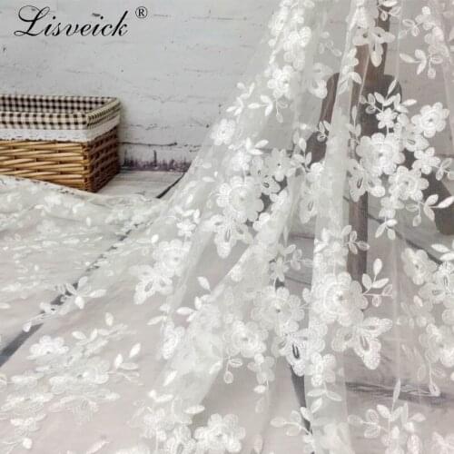 1yard 130cm High Quality fashion French Lace Fabric African Tulle Embroidered flower transparent net Lace Fabric For Wedding