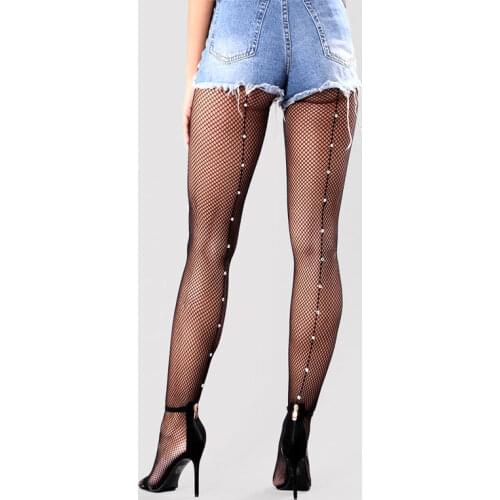 2019 Hot Sale Vintage Design Back Line pantyhose Seam Sexy Womens Diamonds fishnet stocking Shiny tights Black Beading collant