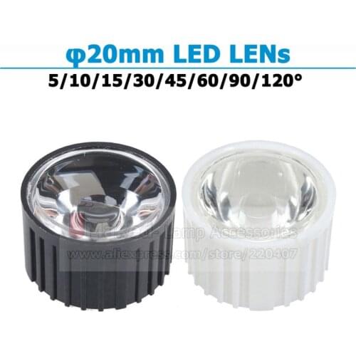 10 50 100 300pcs 20mm 5 8 15 30 45 60 90 120 Degree Clear LED Lens + 22mm Black White Holder For 1W 3W 5W LED Light Diodes