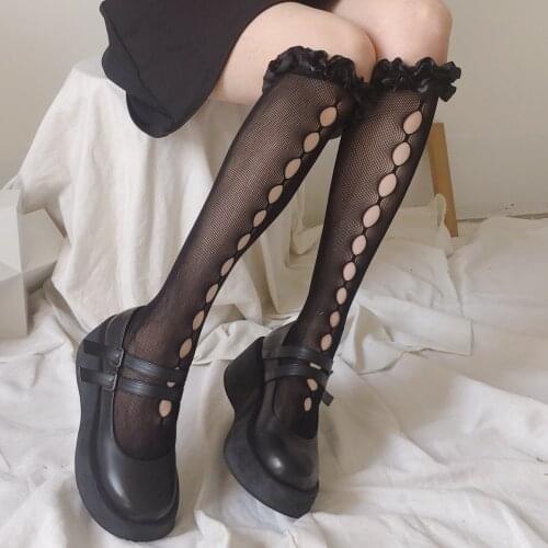 Black White Lace Stockings Hollow Out Fashion Fishnet Stocking Janpan Cute Beautiful Lolita Ruffles Silk Stockings Women Socks
