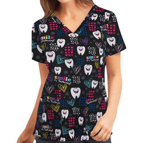 Women Nurse Uniform Short Sleeve V-neck Tops Working Uniform Cartoon Print Blouse Working Unifom Blouse Nurse Uniform Scrubs Top