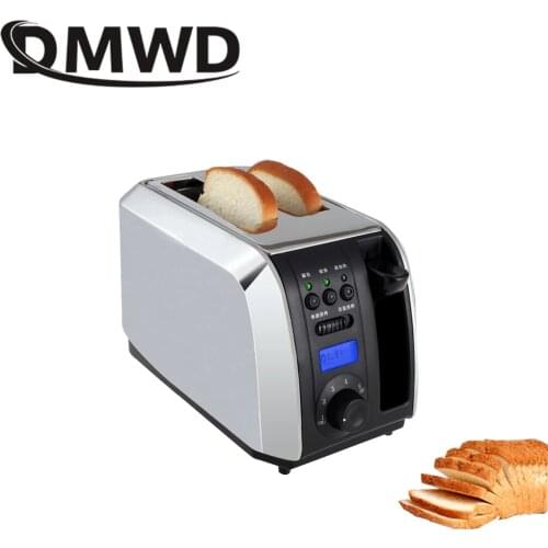 DMWD Digital Timer Electric Toaster Stainless steel Breakfast Bread Baking Machine 2 Slices Slots Automatic Toast Oven EU Plug