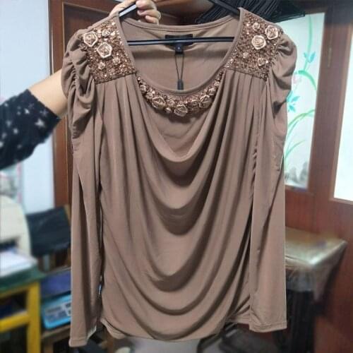 New Fashion Women coffee T-Shirt Beading long sleeve Top Female autumn Mesh Tops woman round collar Basic tops & tees