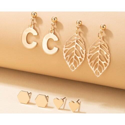 HuangTang Boho Gold Color Hollow Leaves Drop Earrings Sets for Women Cute Heart Studs Earrings Fashion Jewelry 4pair/set