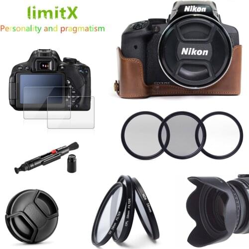 9 in 1 Half Body Leather Case + Filter + Lens Hood + cleaning Pen + Glass Protector for Nikon CoolPix P900 P900s Digital Camera