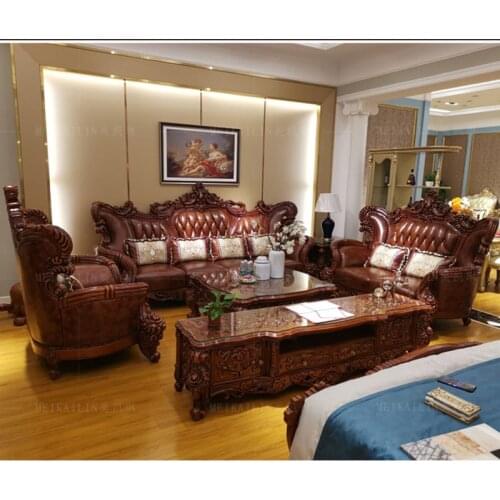 European-style Leather Sofa Luxury Imported Solid Wood Double-sided Carved High-end Villa Large Apartment Furniture