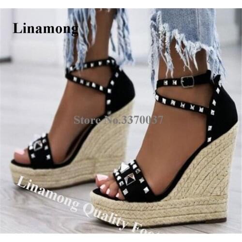 Linamong Newest Rivets High Platform Wedge Sandals Black Nude Suede Leather Ankle Straps Cross Studs Wedges Club Shoes Big Size