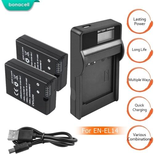 Bonacell 2pcs EN-EL14 EN EL14 Li-ion Batteries Bateria + LCD USB Charger for Nikon D3100 D3200 D3300 D5100 D5200 L50