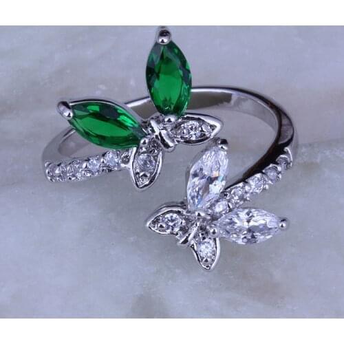 Love Monologue Energy Green imitation Emerald & Crystal Butterfly Rings Silver Color Rings J0280 Size 6/7/8/9/10