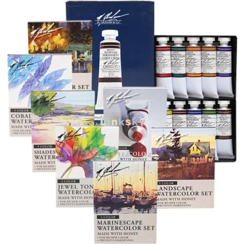 M. Graham & Co. 15ml Tube Watercolor Paint Jewel Tone ,Marinescape 5-Color Set, Pure Gum Arabic and Natural Blackberry Honey