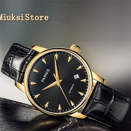 Parnis 38mm Black Dial Gold Case Sapphire Miyota Automatic Mens Womens Watches 2547
