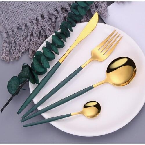 Green Gold Cutlery Set Forks Knives Spoons Set Stainless Steel Cutlery Set Matte Tableware Dishwasher Safe Flatware Dropshipping