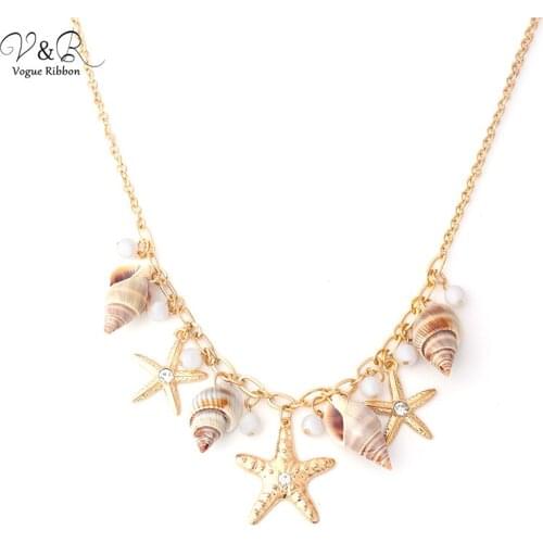 2020 Vogue Ribbon New Arrival Necklace sea Shell Starfish Pearl Statement / Triple Layered Chunky Choker Necklace
