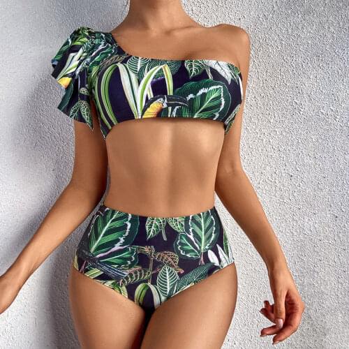 2021 New Swimwear Women High Waist Solid Push Up Ribbed Bikini Printing Sexy Fashionable Biquini Swimming Pool Beach Wear