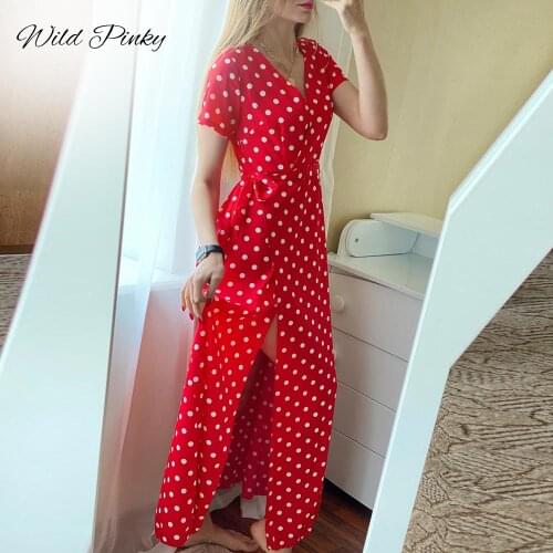 WildPinky Boho Polka Dot Long Dresses Women Split Short Sleeve Summer Casual Dress 2021 Streetwear Black Maxi Dress Vestidos