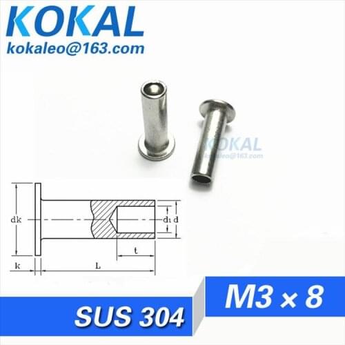 [304-M3*8]100PCS Free Shipping SUS304 stainless steel M3*8mm legth 8MM semitubular steel rivets M3 Screws