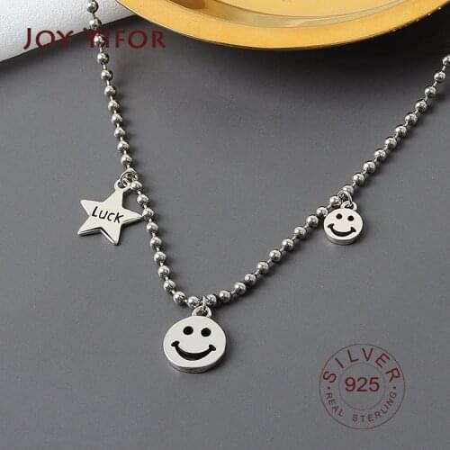Real 925 Sterling Silver Elegant smile face stars Geometric Pendant Necklace Fine Jewelry For Women Wedding Party Bijoux