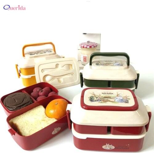 Retro Double Layered Lunch Box Cute Rabbit Student Portable Bento Food Box Leak-Proof Bowl For Kids Food Container Storage