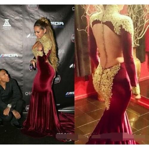 Dubai Arabic Burgundy Mermaid Evening Dresses Gold Applique Illusion Back Long Sleeves robe de soiree Formal Prom evening dress