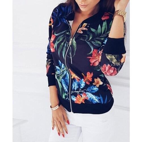 Spring Ladies Casual Long Sleeve Baseball Jacket Outwear New Womens Floral Zip Up Jacket Autumn Femme Multicolor Plus Size Coat
