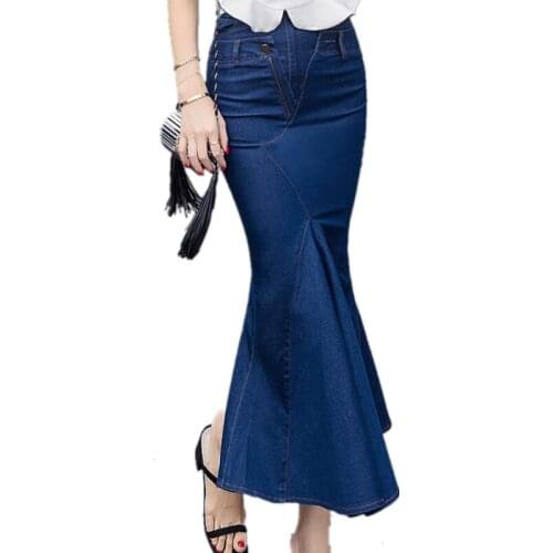 England Style High Waist Women Long Skirt Irregular Ladies package hip Mermaid Denim Skirt