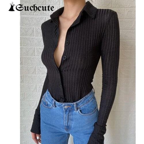 SUCHCUTE Gothic Womens T-Shirts Long Sleeve Female Solid Black Botton Up Shirt Autumn Streetwear Modis Skinny Crop Top Harajuku