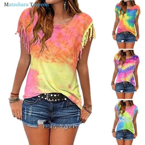 Women Cotton Tassel Casual T-shirt Sleeveless Tie-dyed Color Tees O-neck Womens Clothing T Shirt Hot Sales In 2020