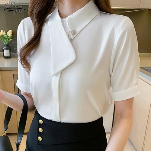 2021 Short Sleeve Chiffon Women Blouse and Tops White Office Korean Fashion Women Shirts Solid Female Clothing Blusas 14343