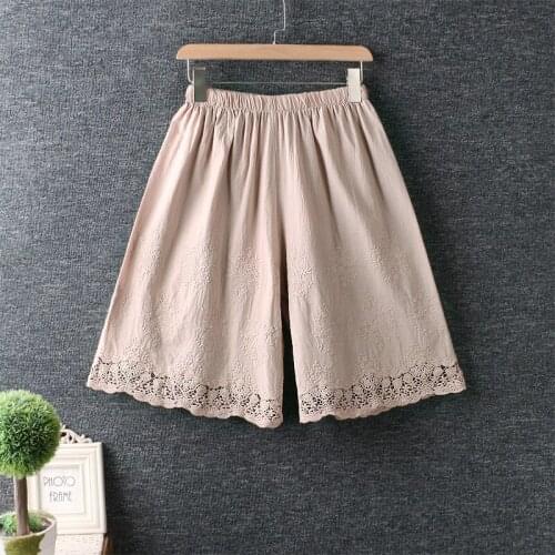 Summer Women Knee Length Mori Girl Elastic Waist Lace Embroidery Loose Cotton linen wide-leg pants Japan