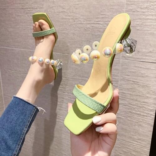 Ladies Fashion High Heels Slippers pearl Women Square Toe Slipper Flip Flop Womens Casual Shoes Female 2021 Summer green beige