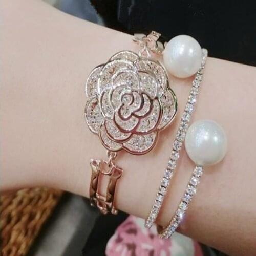 Fashion Luxury Camellia Charm Bracelet For Women Rose Gold Color Crystal Bangles Bracelets Jewelry Gift