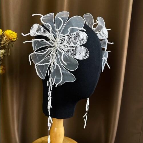 Handmade White Flower Bridal Hair Comb Tiaras Beaded Lace Headpiece Women Headware Wedding Hair Accessories tocados para el pelo